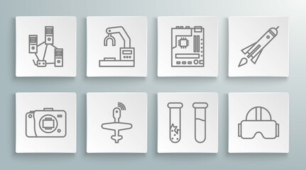 Set line Mirrorless camera, Robotic robot arm hand factory, UAV Drone, Test tube flask, Virtual reality glasses, Motherboard, Rocket ship with fire and Computer network icon. Vector