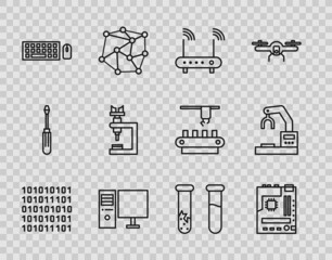 Set line Binary code, Motherboard, Router and wi-fi signal, Computer monitor, Keyboard mouse, Microscope, Test tube flask and Robotic robot arm hand factory icon. Vector