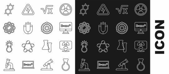 Set line Test tube and flask, Radioactive in location, Equation solution, Square root of x glyph, Magnet, Atom, Chemical formula and Solar system icon. Vector