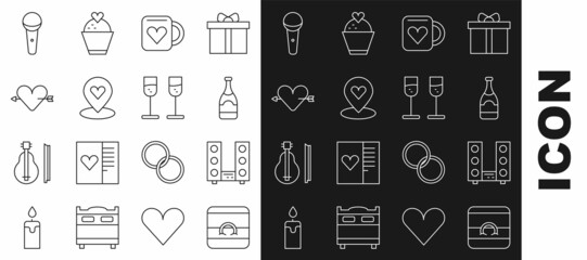 Set line Wedding rings, Home stereo with two speakers, Champagne bottle, Coffee cup and heart, Location, Amour arrow, Microphone and Glass champagne icon. Vector