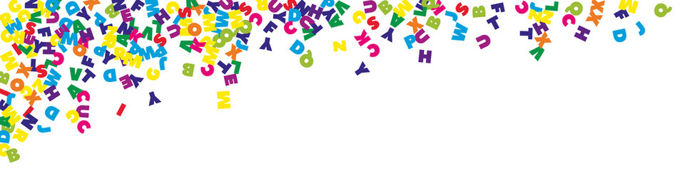 Falling letters of English language. Colorful flying words of Latin alphabet. Foreign languages study concept. Stunning back to school banner on white background.