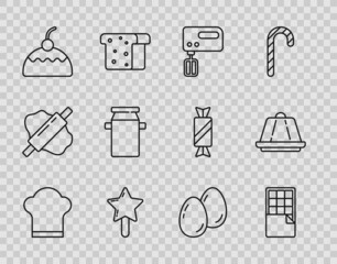 Set line Chef hat, Chocolate bar, Electric mixer, Lollipop, Cake, Can container for milk, Easter eggs and Pudding custard icon. Vector