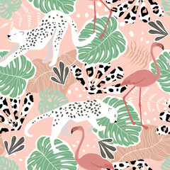 Seamless pattern with tropical exotic ornament with palm leaves, flamingos bird and leopard. Summer abstract animal print. Vector graphics.