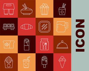 Naklejka na ściany i meble Set line Ice cream in waffle cone, Covered with tray, Wooden beer mug, Popcorn box, Croissant, Sushi cutting board, Coffee cup to go and Steak meat icon. Vector
