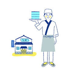 蕎麦屋の男性店員と店