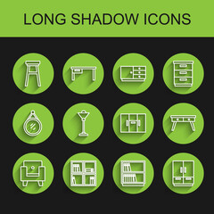 Set line Armchair, Shelf with books, Chair, Library bookshelf, Wardrobe, Floor lamp, Office desk and icon. Vector