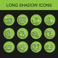 Set line Video chat conference, Freelancer, camera Off laptop, Online working, Cloud storage document folder and icon. Vector