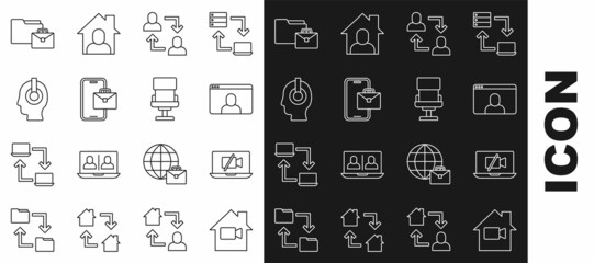 Set line Video camera Off in home, on laptop, chat conference, Project team base, Freelancer, Online working and Office chair icon. Vector