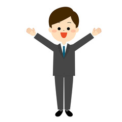 両手を広げているスーツを着た男性