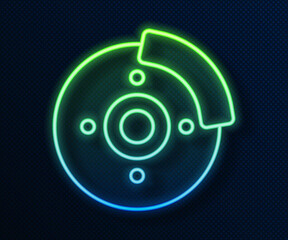 Glowing neon line Car brake disk with caliper icon isolated on blue background. Vector