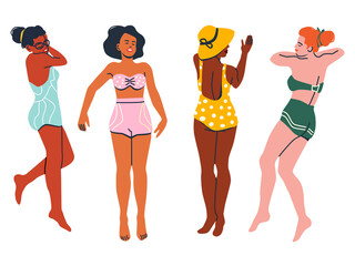 A set of diverse women in colourful swimsuits, lying on a beach, top view. Summer fashion girls. Tanning females in bikinis. 