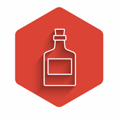 White line Alcohol drink Rum bottle icon isolated with long shadow background. Red hexagon button. Vector
