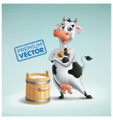 cow premium drawing and earrings wooden bucket with milk isolated cartoon 3d illustration realistic vector