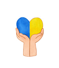hands holding heart in colors of flag of ukraine