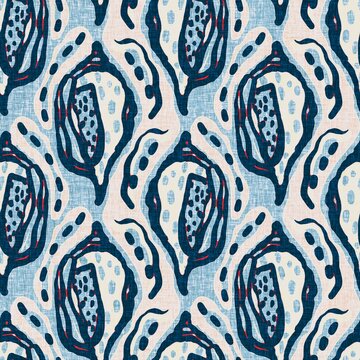 Indigo Blue Seashell nautical seamless pattern. Modern marine shell print in classic nantucket fabric textile hand drawn block print style. Summer 2 tone high contrast jpg tile swatch