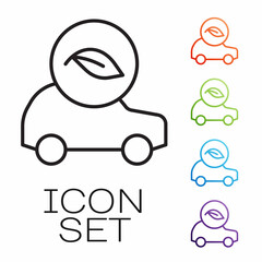 Black line Eco car concept drive with leaf icon isolated on white background. Green energy car symbol. Set icons colorful. Vector