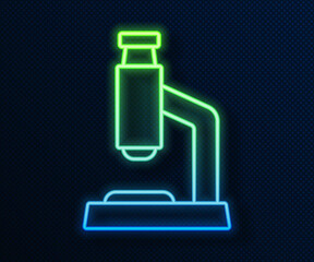 Glowing neon line Microscope icon isolated on blue background. Chemistry, pharmaceutical instrument, microbiology magnifying tool. Vector