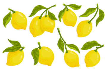 Set of colorful lemons with leaves.Cartoon vector graphic.