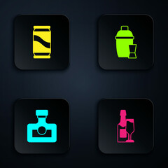 Set Champagne bottle and glass, Beer can, Alcohol drink Rum and Cocktail shaker. Black square button. Vector
