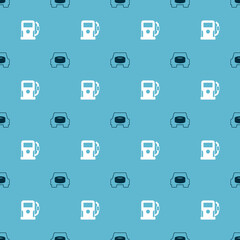 Set Spare wheel in the car and Petrol or gas station on seamless pattern. Vector