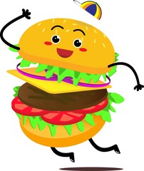 Illustration vector cartoon of jumping hamburger kid. Suitable for food logo's