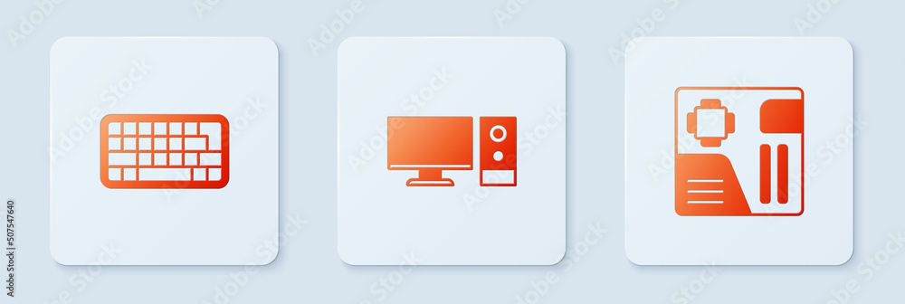 Poster set computer monitor, keyboard and motherboard digital chip. white square button. vector