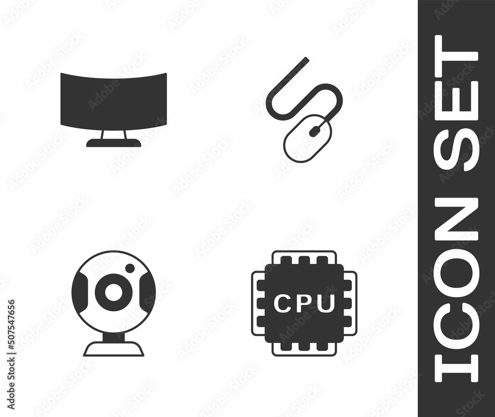 Poster set processor with cpu, computer monitor screen, web camera and mouse icon. vector