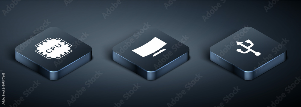 Poster set isometric processor with cpu, usb and computer monitor screen icon. vector
