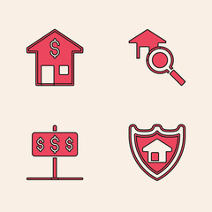 Set House with shield, dollar, Search house and icon. Vector