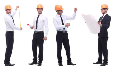 panoramic photo collage of architect expert isolated on white