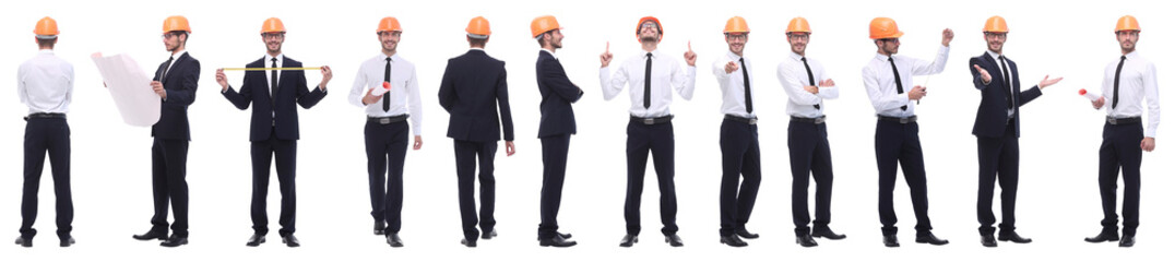 panoramic photo collage of confident architect isolated on white