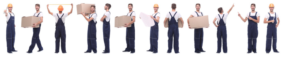 panoramic collage of skilled handyman isolated on white