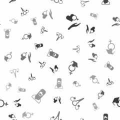 Set Heart with female gender, Female reproductive system, Teacher and Muslim woman in hijab on seamless pattern. Vector