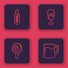 Set line Hotdog sandwich, Lollipop, Chicken leg and Wooden beer mug. Blue square button. Vector