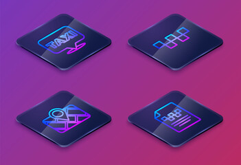 Fototapeta premium Set Isometric line Location with taxi, Gps device map, Taxi car roof and driver license. Blue square button. Vector