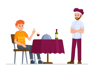 Vector illustration of piceola revision. Dinner at a restaurant after a hard day's work. Pete wine. 