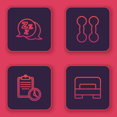 Set line Sleepy, Sport training program, Dumbbell and Big bed. Blue square button. Vector
