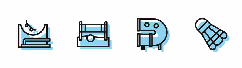 Set line Kid playground slide pipe, Skate park, Volleyball net with ball and Badminton shuttlecock icon. Vector