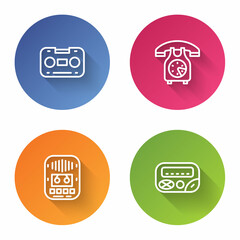 Set line Retro audio cassette tape, Telephone handset, Cassette player and Pager. Color circle button. Vector