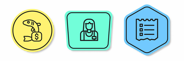 Set line Price tag for fish, Seller and Shopping list. Colored shapes. Vector