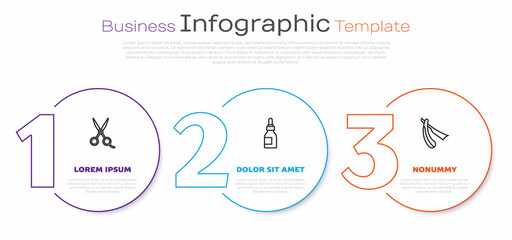 Set line Scissors hairdresser, Oil bottle and Straight razor. Business infographic template. Vector