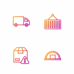 Set line Warehouse, Delivery security with shield, cargo truck and Container on crane. Gradient color icons. Vector