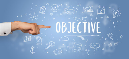 Close-Up of cropped hand pointing at business inscription