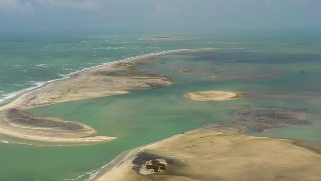 Top view of Low lying white sandy islands known as Adam's bridge. Talaimannar, Sri Lanka