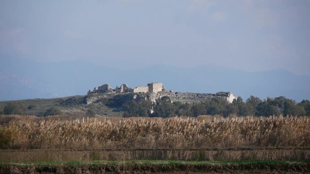 Ancient City Ruins On A Distant Hill And Thickets Of Reeds In The Foreground
