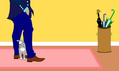 Elegant man walking with a gray cat