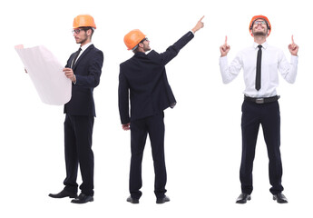 in full growth .successful architect engineer in orange helmet.