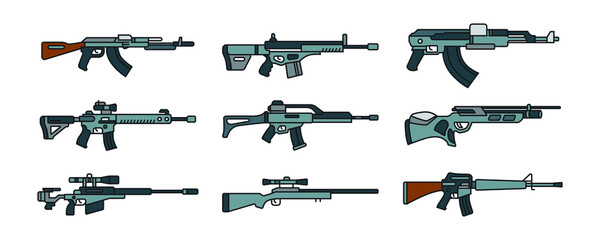 a collection of long barrel firearms illustrations. set of military gun in vector design