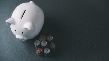 white piggy bank , pile of coins All on the table,