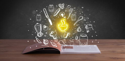Open recipe book with food related icons above